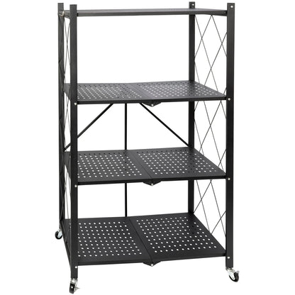 Scaffale Pieghevole Nero in Metallo con 4 Ripiani e Ruote – 124x71x34 cm