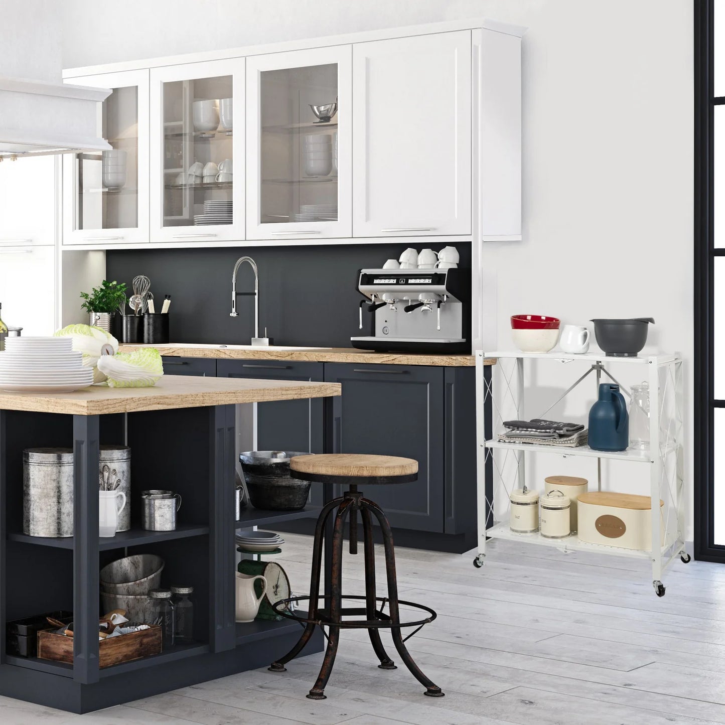 Scaffale Multiuso Richiudibile con 3 Ripiani in Metallo e Ruote – Stile Industriale Bianco