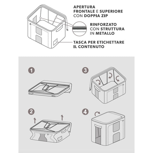 Contenitore Armadio Salvaspazio 50x40x28 cm – Con Struttura in Metallo e Doppia Zip