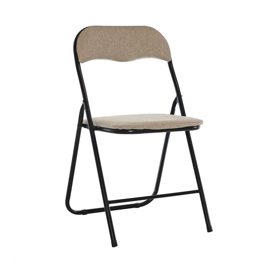 Sedia Pieghevole Imbottita Beige in Lino con Struttura in Metallo Nero – 78x43x44 cm