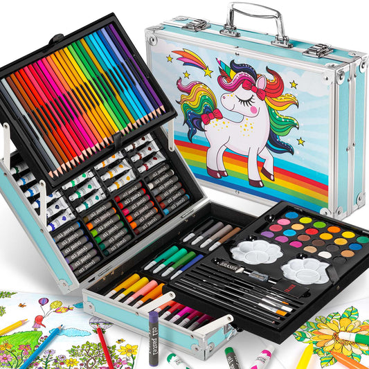 Valigetta Set Disegno Bambini 144 Pezzi – Matite, Pennarelli, Pastelli, Acquerelli e Accessori – 3 Modelli (Unicorno, Astronauta, Fairy Tales)