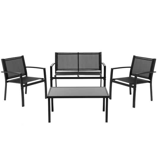 Set da Giardino 4 Pezzi – 2 Poltrone + Panchina + Tavolino con Vetro – Struttura in Metallo Antracite