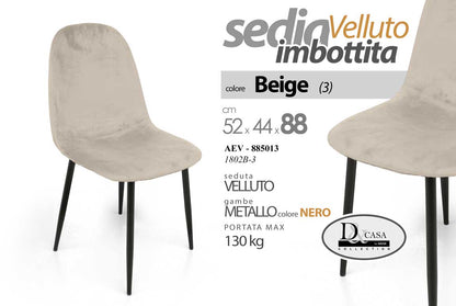 Sedia Imbottita in Velluto Beige con Gambe in Metallo Nero – 52×44×88 cm | Eleganza Moderna e Comfort per Casa e Ufficio