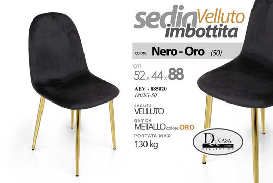 Sedia Imbottita in Velluto Nero con Gambe in Metallo Oro – 52×44×88 cm | Eleganza Moderna per Casa e Ufficio
