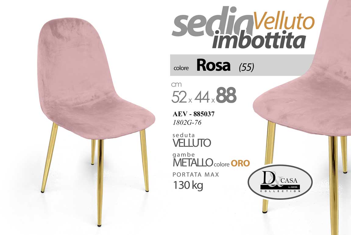Sedia Imbottita in Velluto Rosa con Gambe in Metallo Oro – Design Elegante 88cm