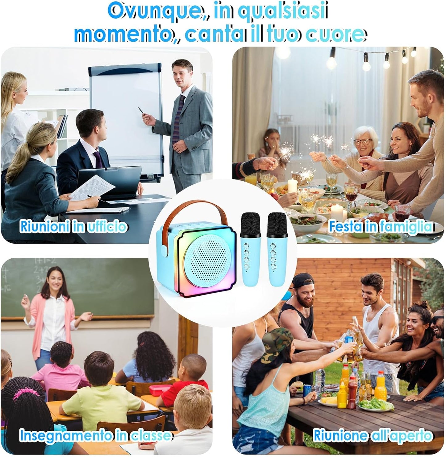 Cassa Karaoke Bluetooth con Microfono Wireless, LED Colorati, Voce Cambiabile, Speaker HIFI – Portatile per Feste e Famiglia