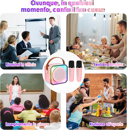 Cassa Karaoke Rosa Bluetooth con Microfono Wireless, LED, Cambiavoci e Speaker HIFI – Portatile per Feste, Bambini e Famiglia