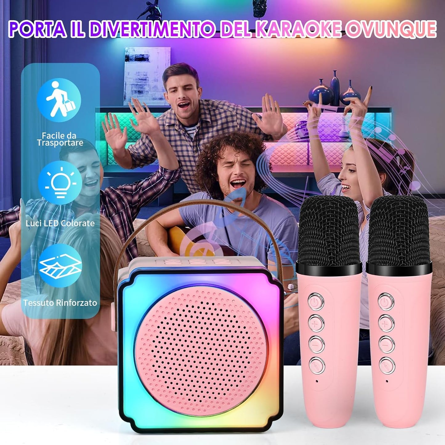 Cassa Karaoke Rosa Bluetooth con Microfono Wireless, LED, Cambiavoci e Speaker HIFI – Portatile per Feste, Bambini e Famiglia