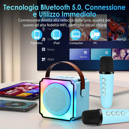 Cassa Karaoke Bluetooth con Microfono Wireless, LED Colorati, Voce Cambiabile, Speaker HIFI – Portatile per Feste e Famiglia