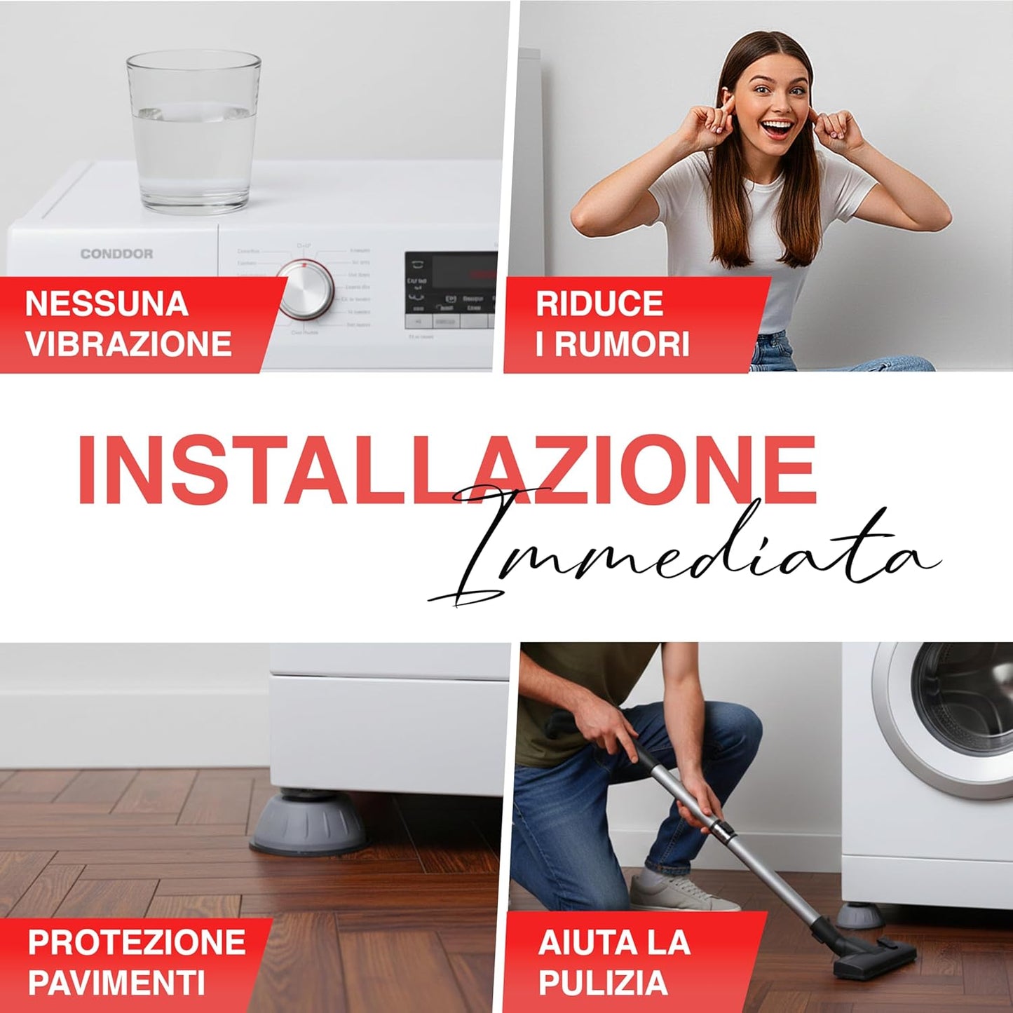 Piedini Antivibrazione Lavatrice 4 Pezzi Universali in Gomma – Riduzione Rumore e Vibrazioni, Base Antiscivolo Protezione Pavimenti