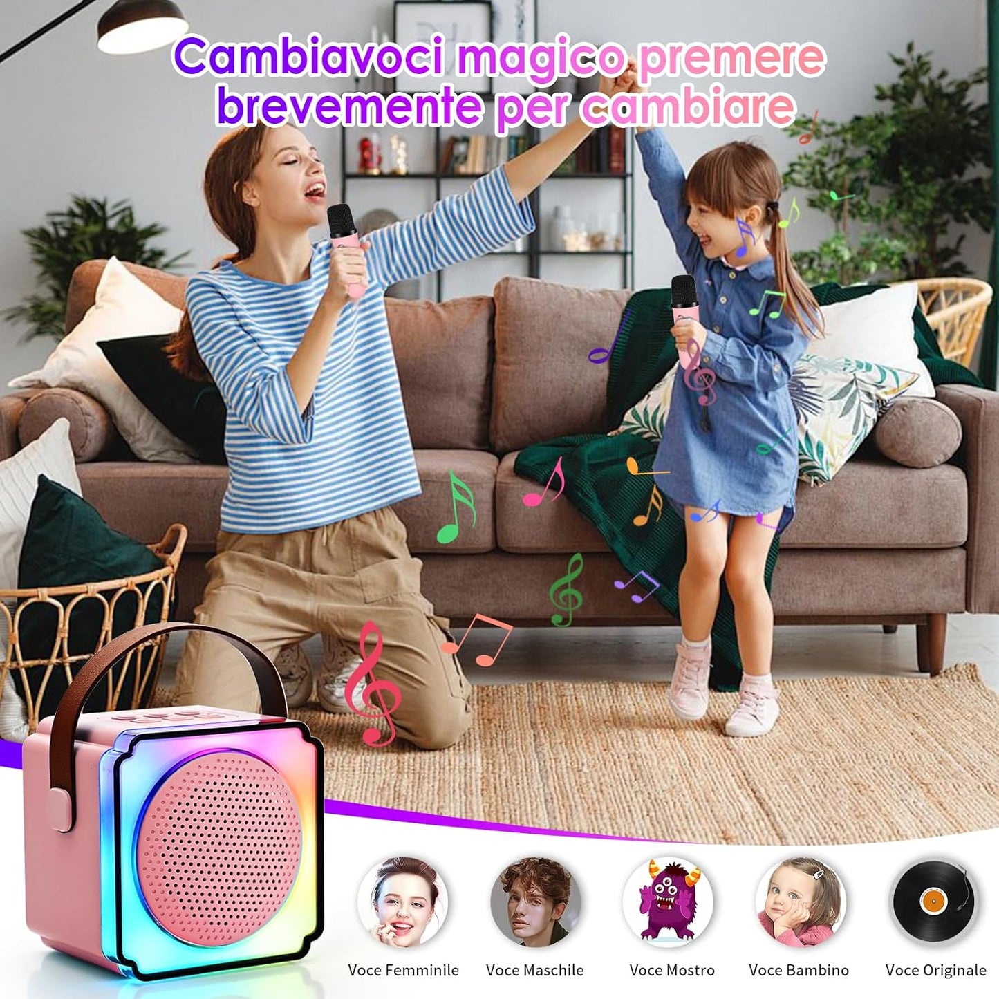 Cassa Karaoke Rosa Bluetooth con Microfono Wireless, LED, Cambiavoci e Speaker HIFI – Portatile per Feste, Bambini e Famiglia