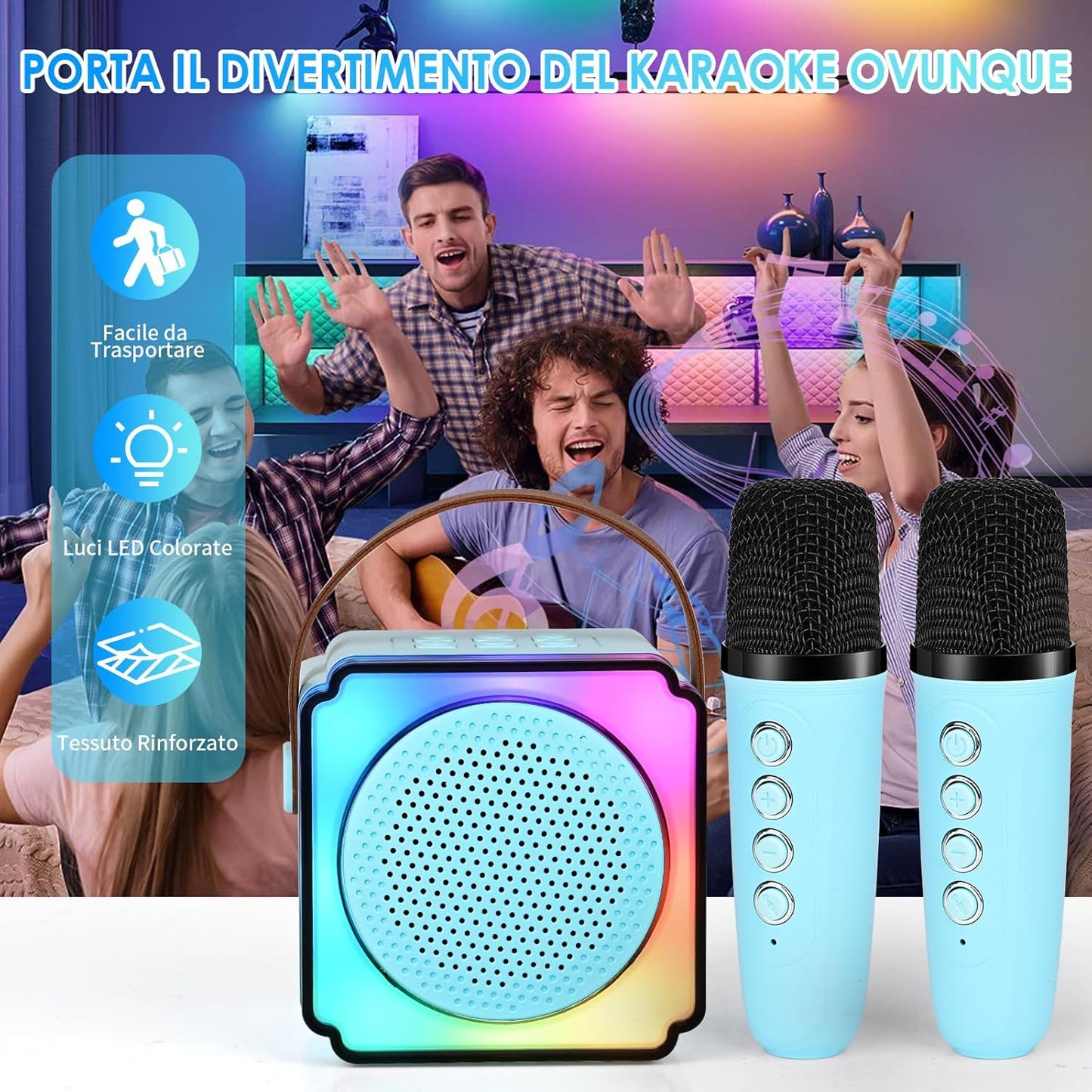 Cassa Karaoke Bluetooth con Microfono Wireless, LED Colorati, Voce Cambiabile, Speaker HIFI – Portatile per Feste e Famiglia