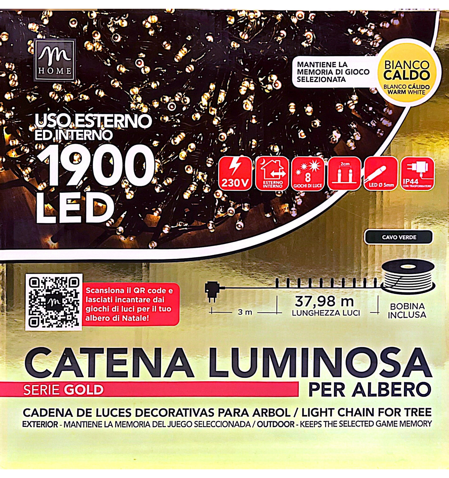 Catena Luminosa 1900 LED Bianco Caldo 37,98 m – Uso Interno/Esterno, 8 Giochi di Luce, IP44, Serie Gold