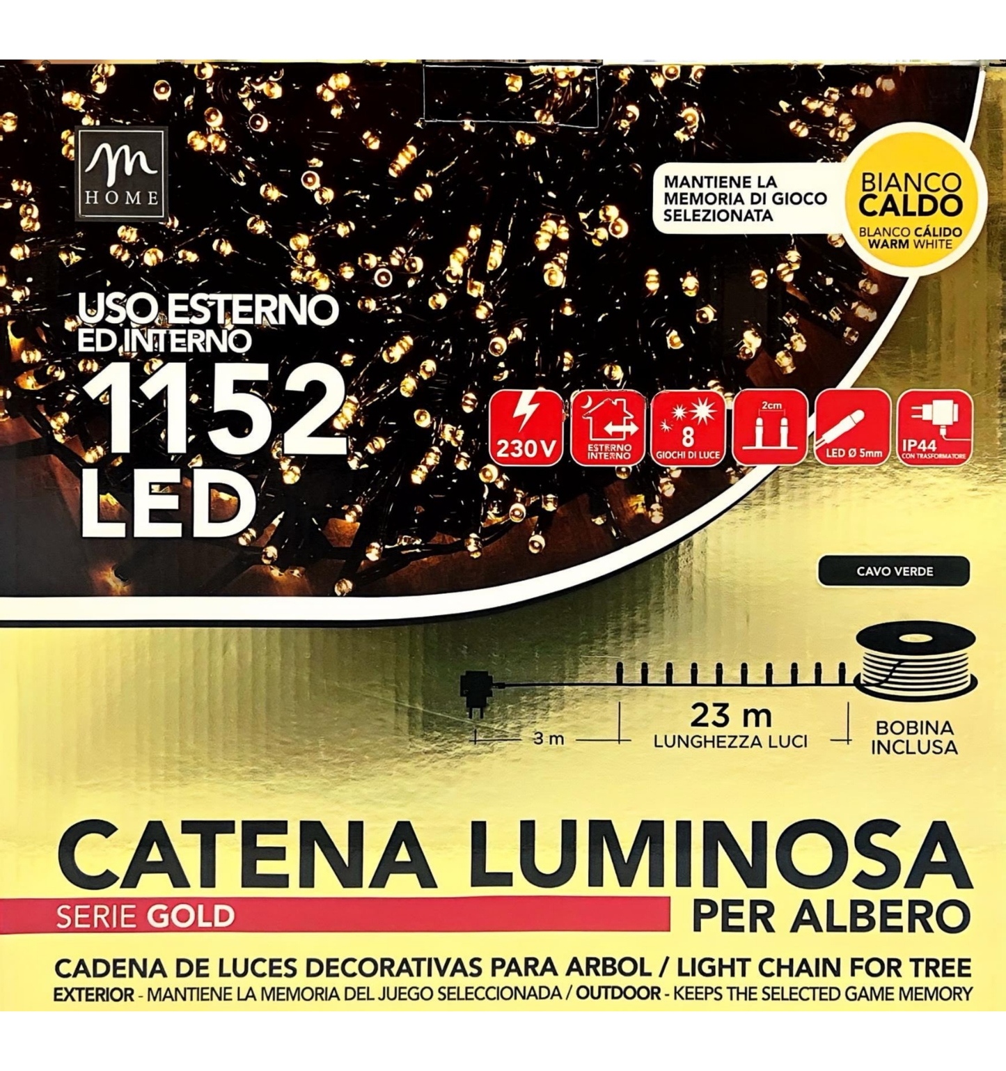 Catena Luminosa 1152 LED Bianco Caldo 23 m per Albero – Uso Interno/Esterno, 8 Giochi di Luce, IP44