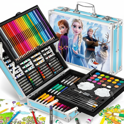Valigetta Set Disegno Bambini 144 Pezzi – Matite, Pennarelli, Pastelli, Acquerelli e Accessori – 3 Modelli (Unicorno, Astronauta, Fairy Tales, Frozen)
