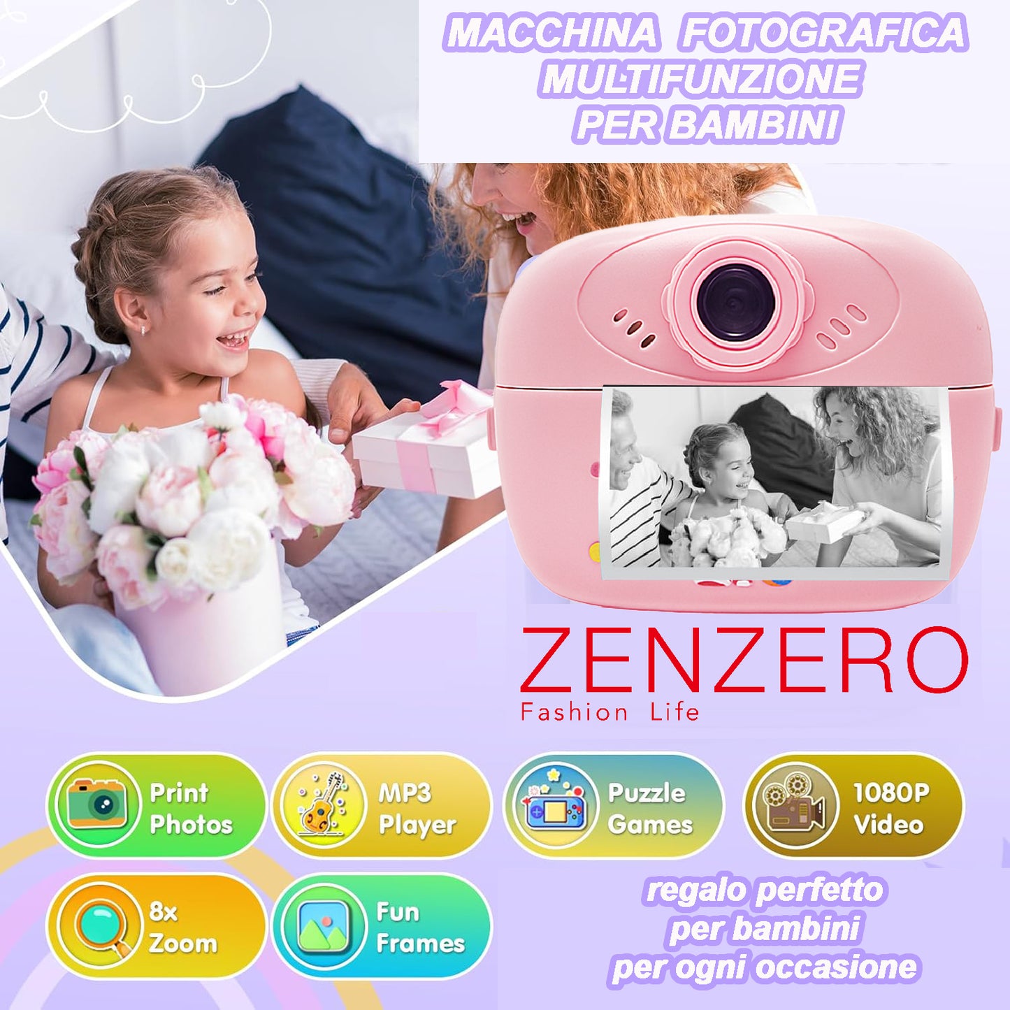 Macchina Fotografica Istantanea per Bambini con Stampa Termica – Schermo LCD, Giochi, MP3, Video HD 1080p – 32GB Inclusa