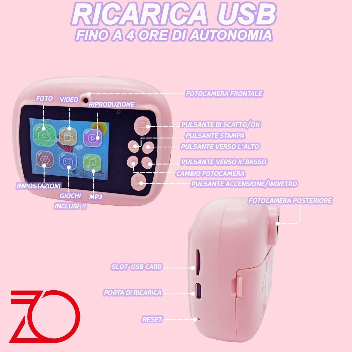 Macchina Fotografica Istantanea per Bambini con Stampa Termica – Schermo LCD, Giochi, MP3, Video HD 1080p – 32GB Inclusa