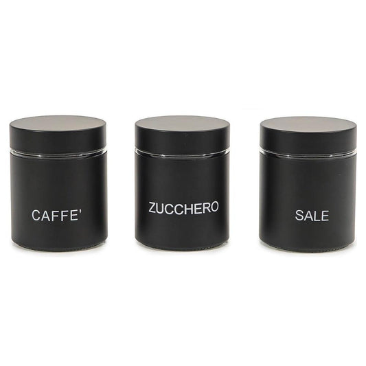 Set 3 Barattoli da Cucina 75 cl – Caffè, Zucchero, Sale – Vetro con Coperchio Inox – Colore Nero Opaco