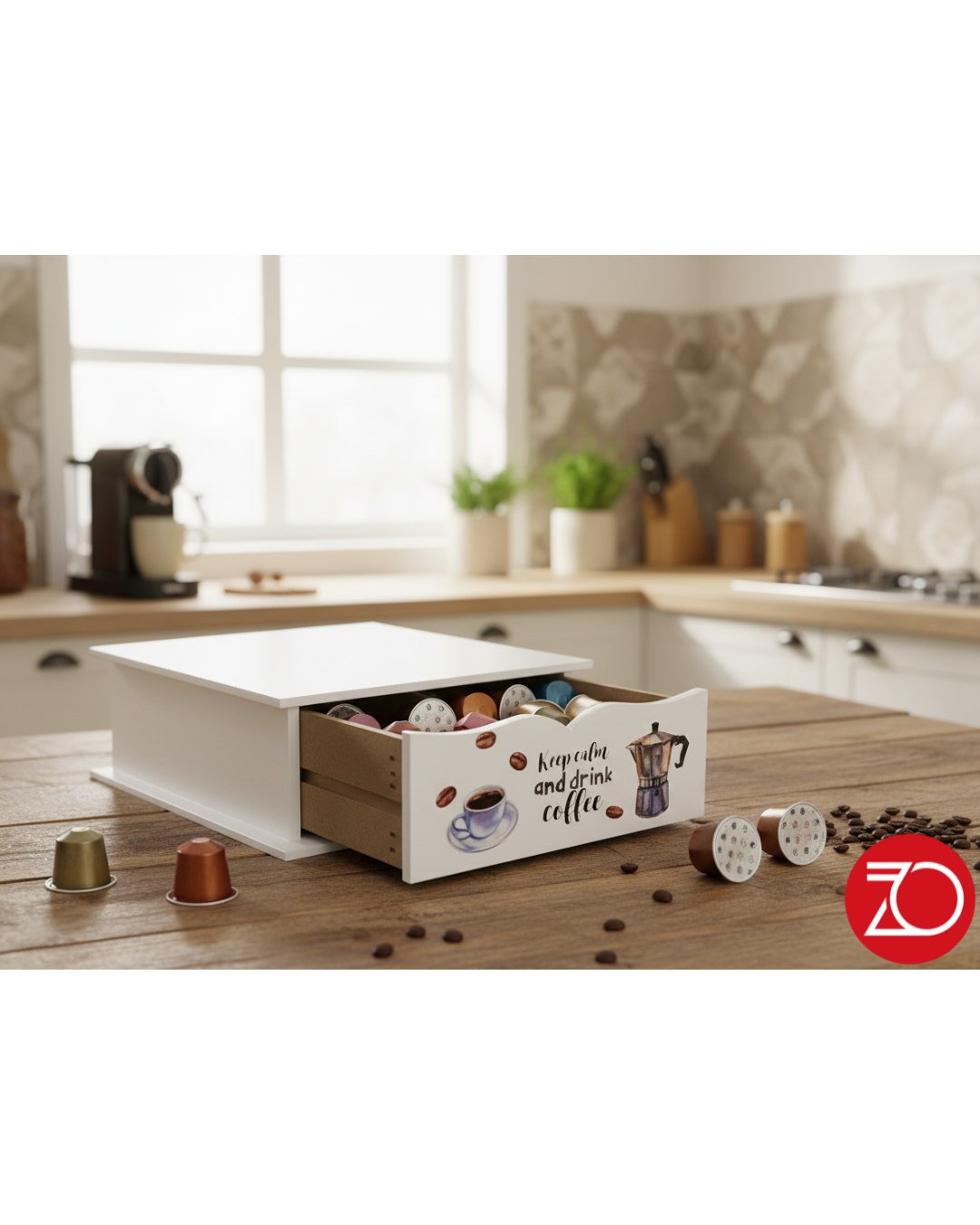 Portacialde in Legno Bianco con Stampa Moka – Organizzatore Capsule Caffè 27x33x11 cm