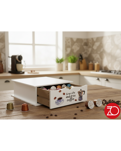 Portacialde in Legno Bianco con Stampa Moka – Organizzatore Capsule Caffè 27x33x11 cm
