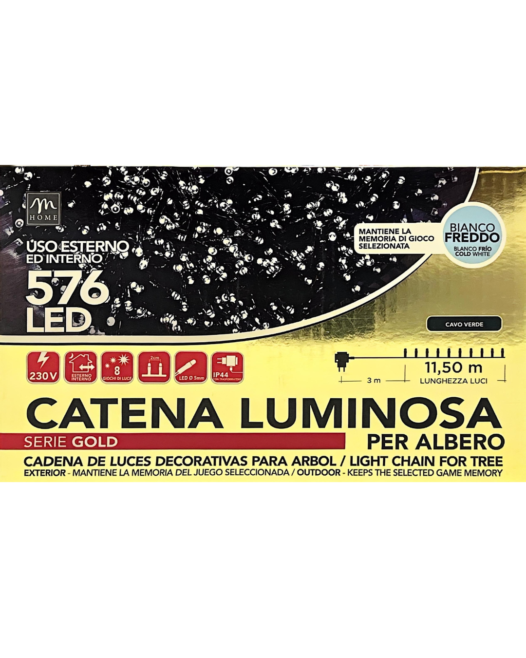 Catena Luminosa 576 LED Bianco Freddo - 11,5 m, Cavo Verde, IP44, 8 Effetti