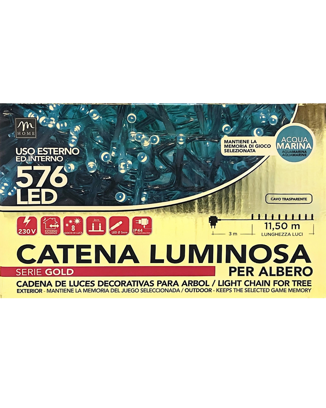 Catena Luminosa 576 LED Acqua Marina - 11,5 m, Cavo Trasparente, 8 Effetti, IP44