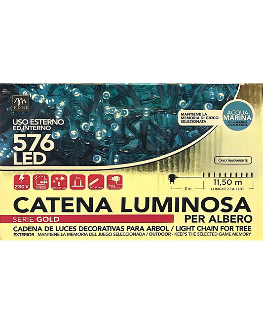 Catena Luminosa 576 LED Acqua Marina - 11,5 m, Cavo Trasparente, 8 Effetti, IP44