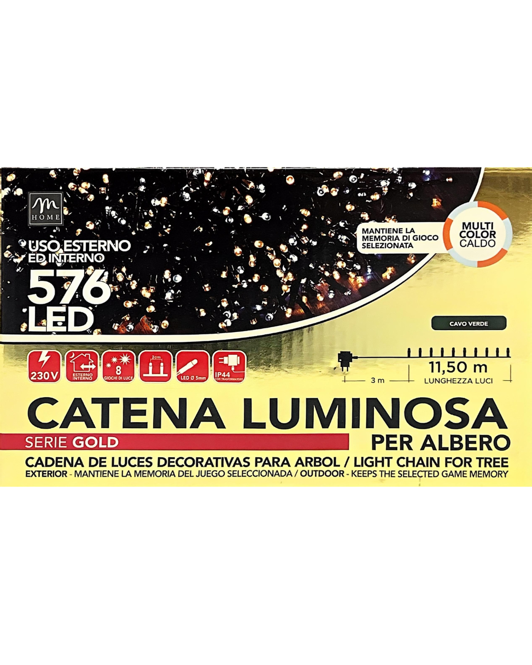 Catena Luminosa 576 LED Multicolore Caldo - 11,5 m, Cavo Verde, Uso Interno/Esterno