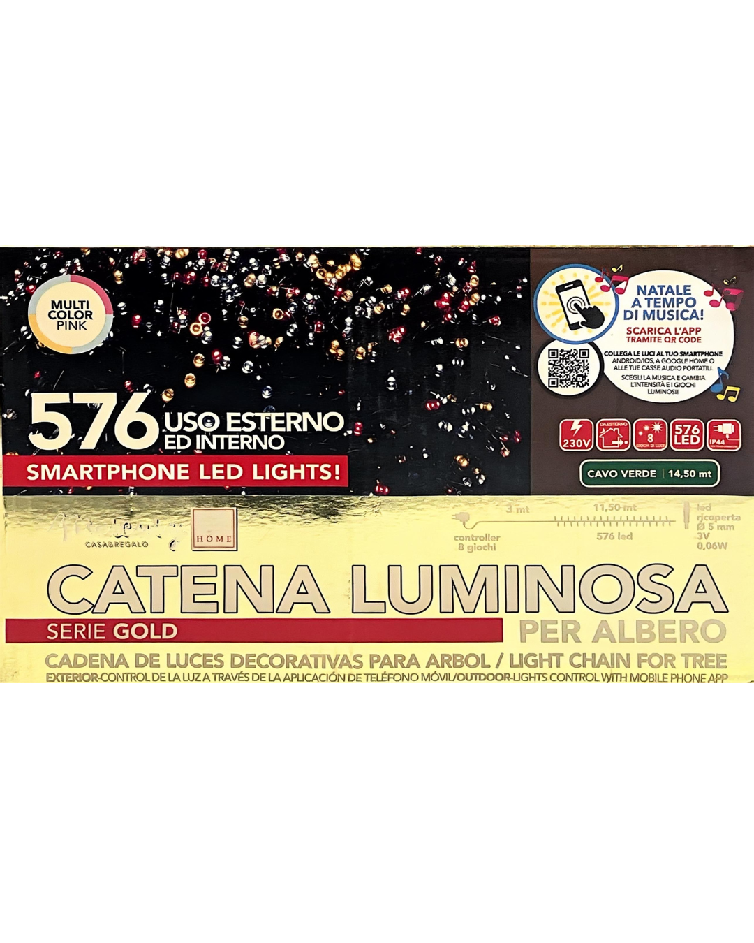 Catena Luminosa Smartphone 576 LED Multicolore Pink - 14,5 m, Controllo App, Cavo Verde