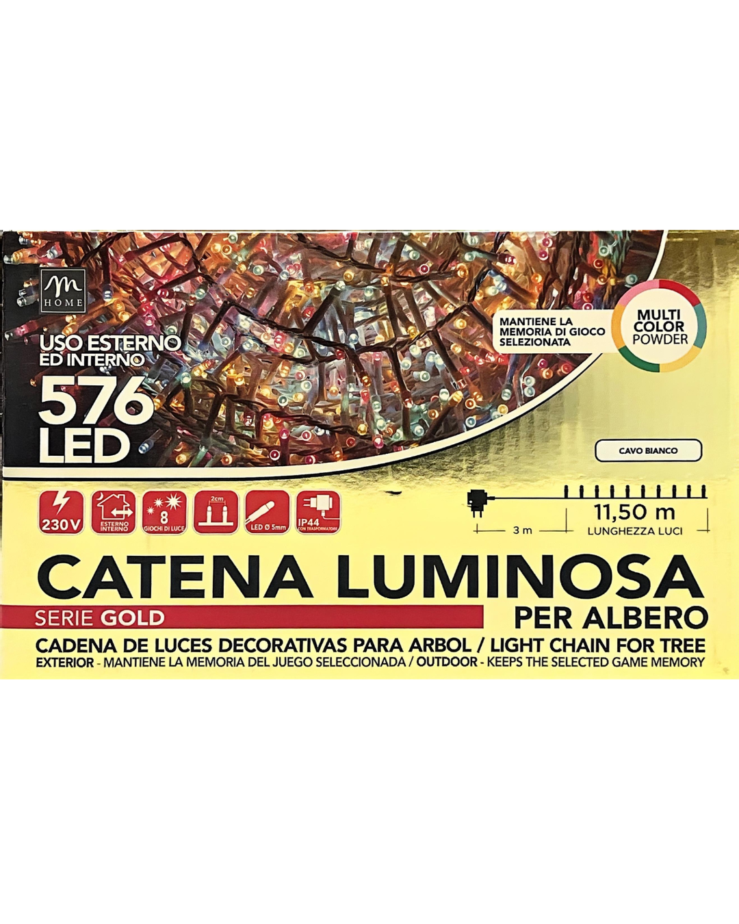 Catena Luminosa 576 LED Multicolore Powder - 11,5 m, Cavo Bianco, IP44