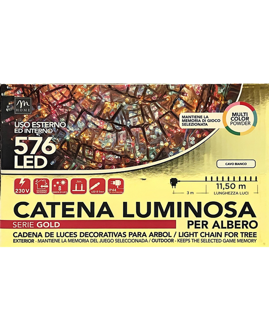 Catena Luminosa 576 LED Multicolore Powder - 11,5 m, Cavo Bianco, IP44