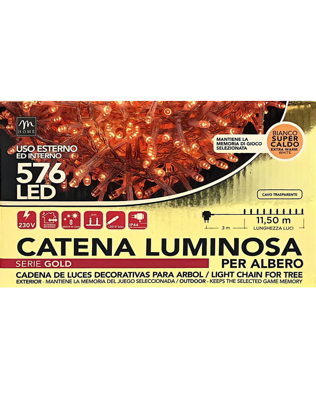 Catena Luminosa 576 LED Bianco Super Caldo - 11,5 m, Cavo Trasparente, Uso Esterno