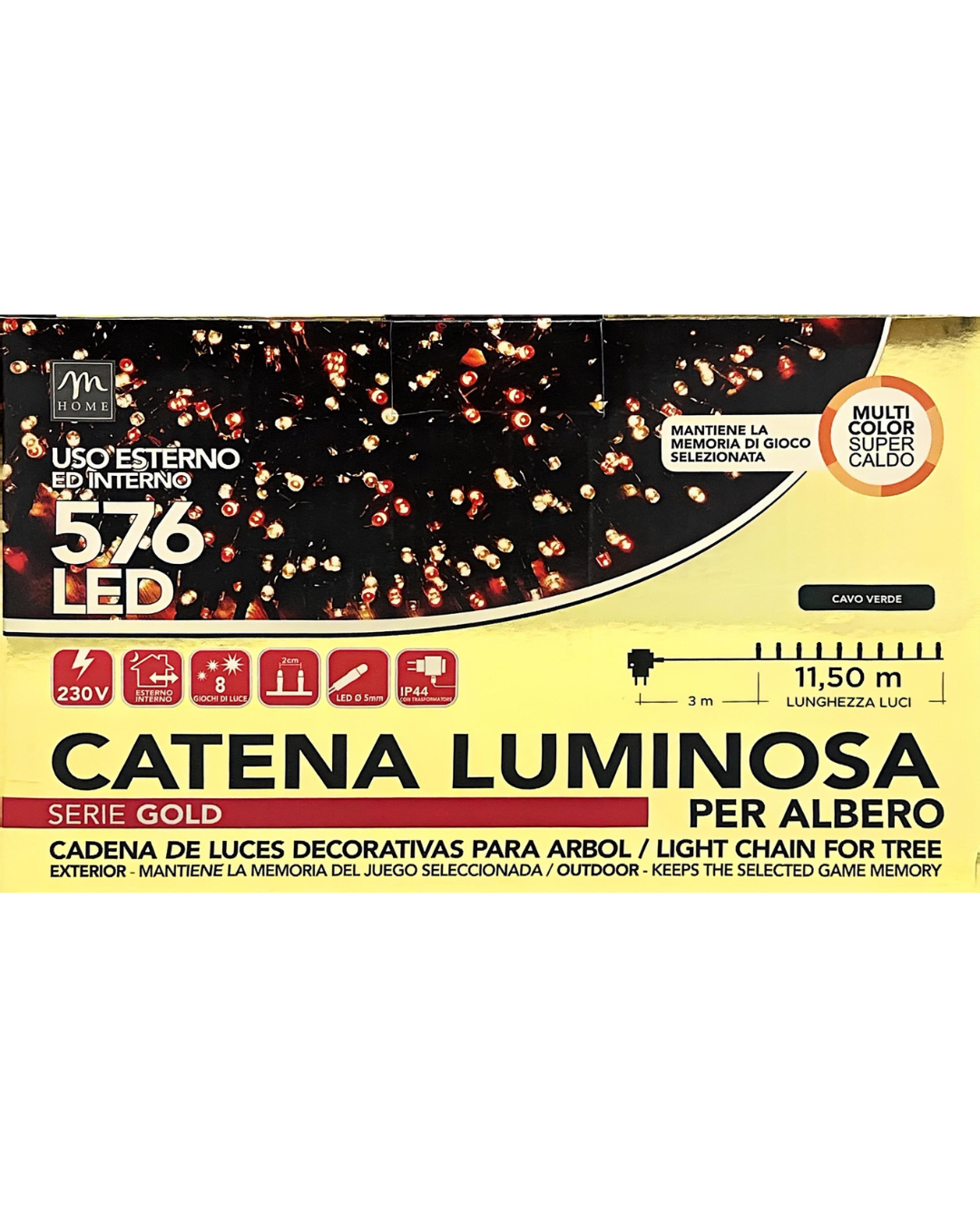 Catena Luminosa 576 LED Multicolore Super Caldo - 11,5 m, Cavo Verde, IP44