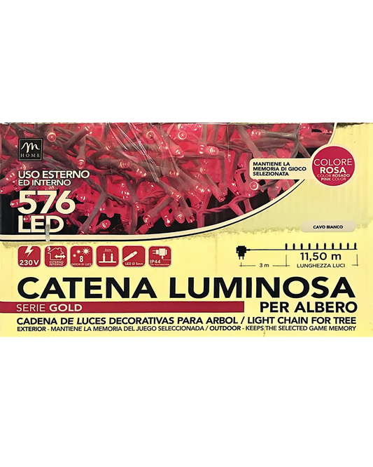 Catena Luminosa 576 LED Rosa - 11,5 m, Uso Interno/Esterno, 8 Giochi di Luce, Cavo Bianco