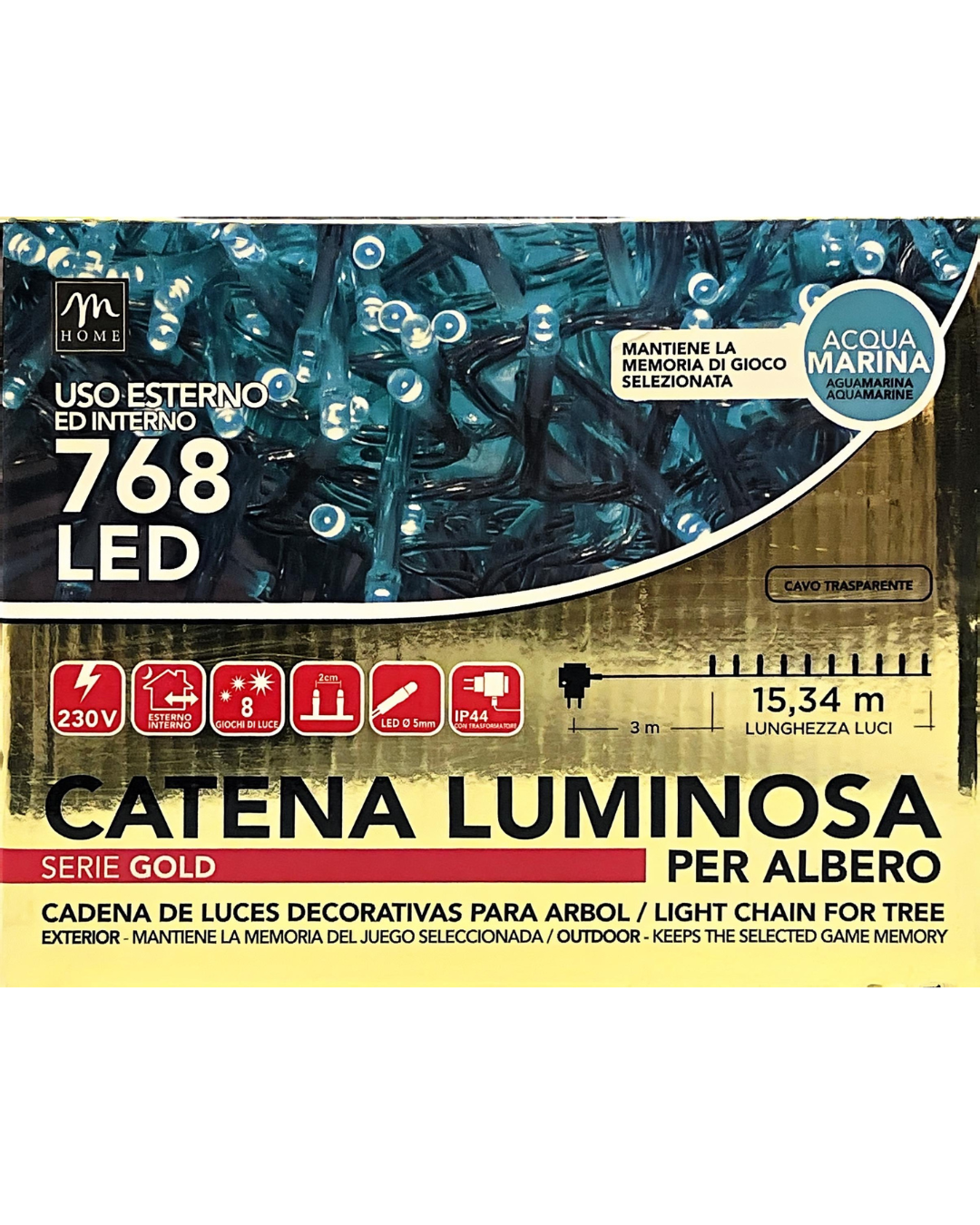 Catena Luminosa 768 LED – Acqua Marina – Cavo Trasparente