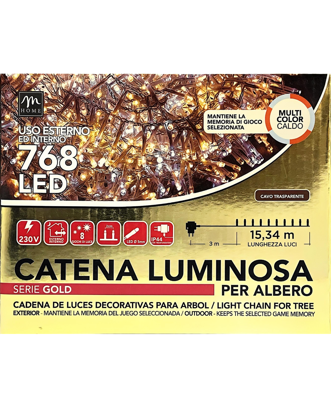 Catena Luminosa 768 LED – Multicolor Caldo – Cavo Trasparente