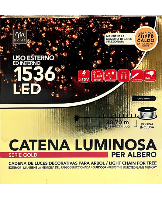 Catena Luminosa 1536 LED Bianco Super Caldo con Cavo Verde