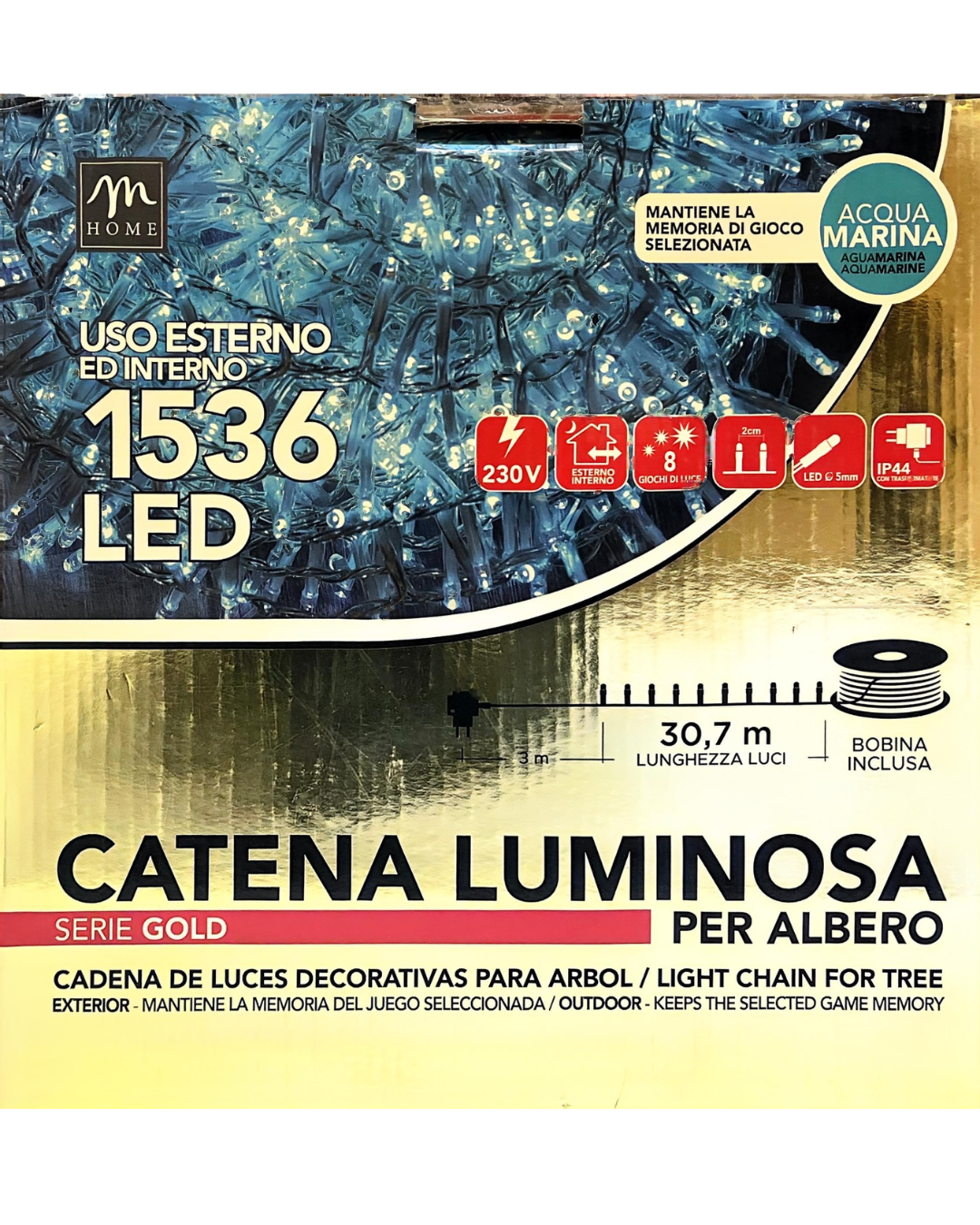 Catena Luminosa 1536 LED Acqua Marina con Cavo Trasparente