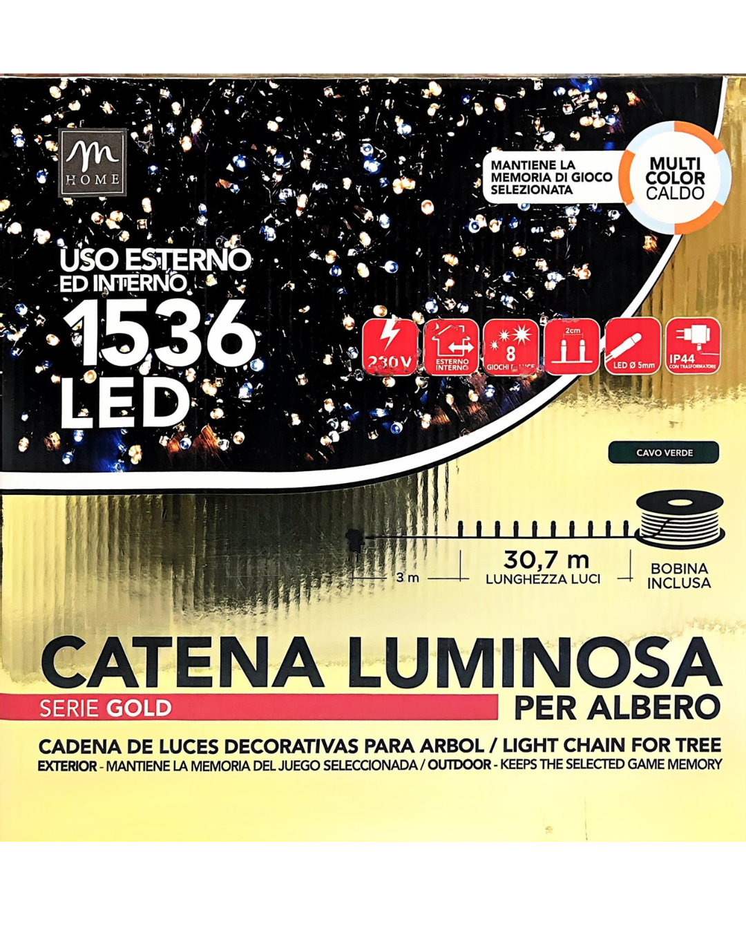 Catena Luminosa 1536 LED Multicolor Caldo con Cavo Verde