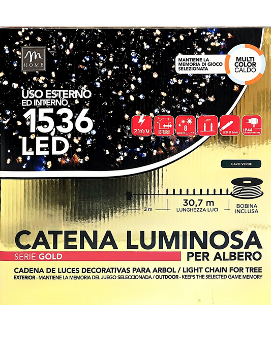 Catena Luminosa 1536 LED Multicolor Caldo con Cavo Verde