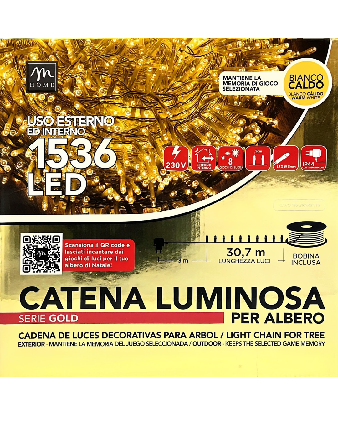 Catena Luminosa 1536 LED Bianco Caldo con Bobina e Cavo Trasparente