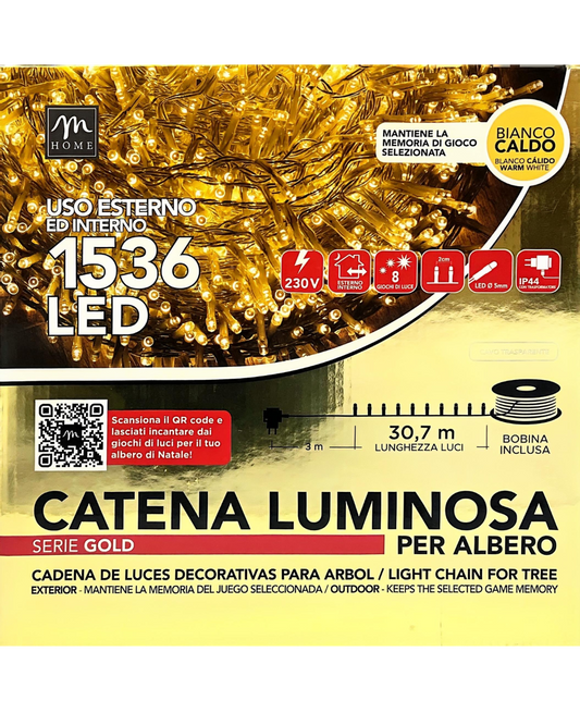 Catena Luminosa 1536 LED Bianco Caldo con Bobina e Cavo Trasparente