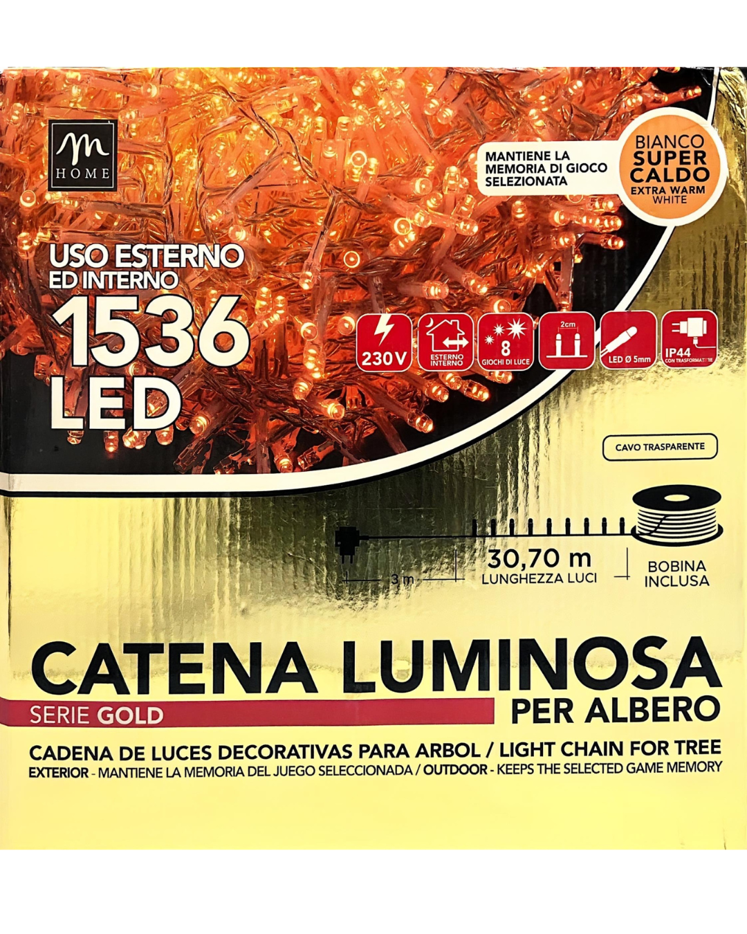 Catena Luminosa 1536 LED Bianco Super Caldo con Cavo Trasparente