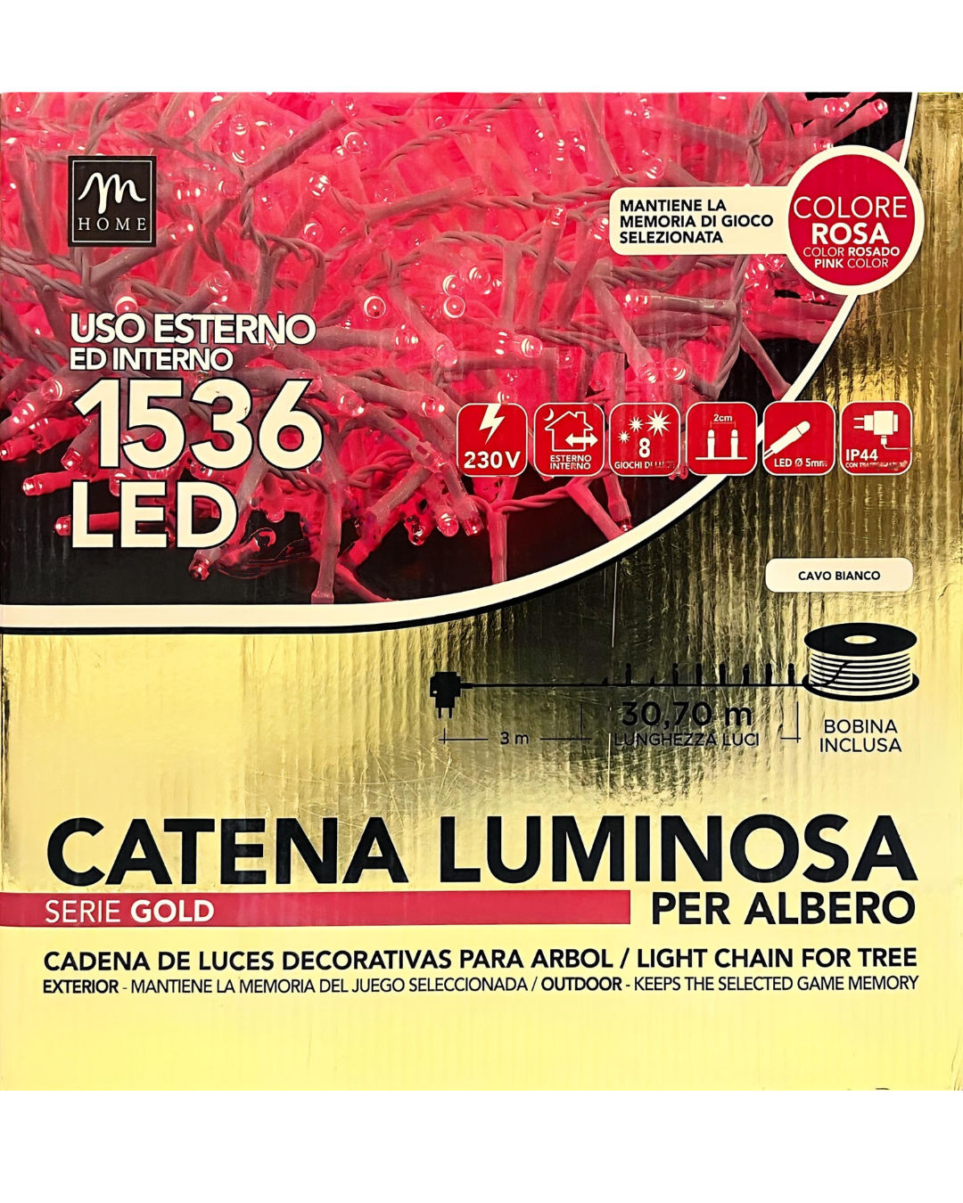 Catena Luminosa 1536 LED Rosa con Cavo Bianco e Bobina