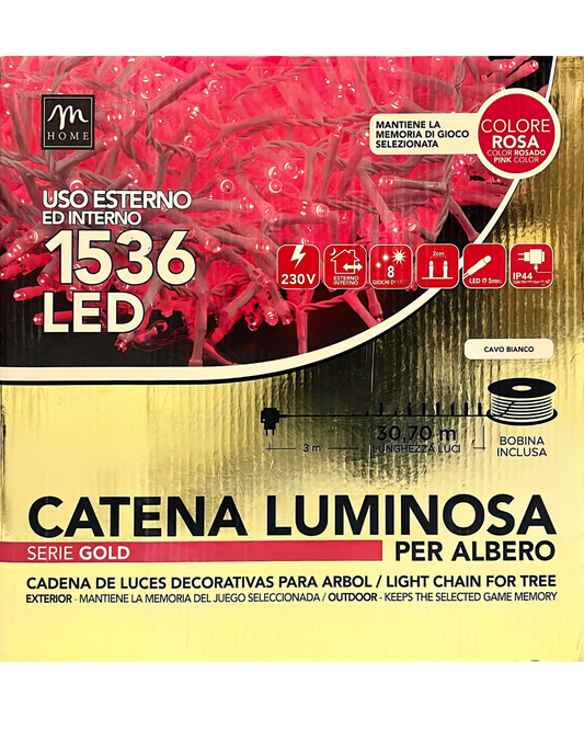 Catena Luminosa 1536 LED Rosa con Cavo Bianco e Bobina
