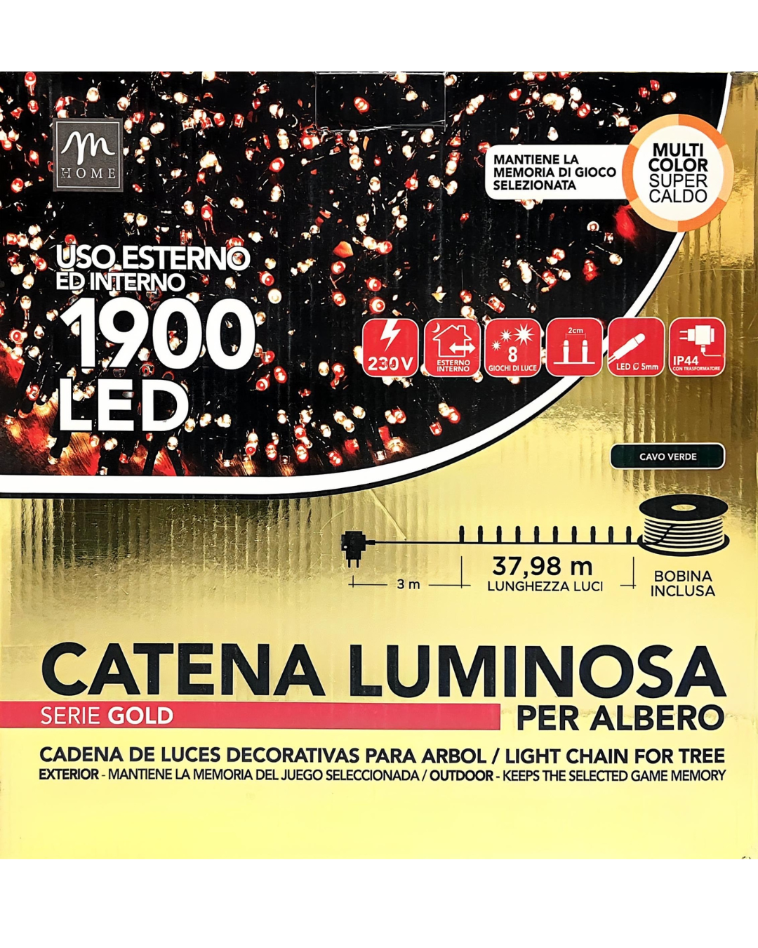 Catena Luminosa 1900 LED Multicolor Super Caldo – 37,98 m (Cavo Verde)