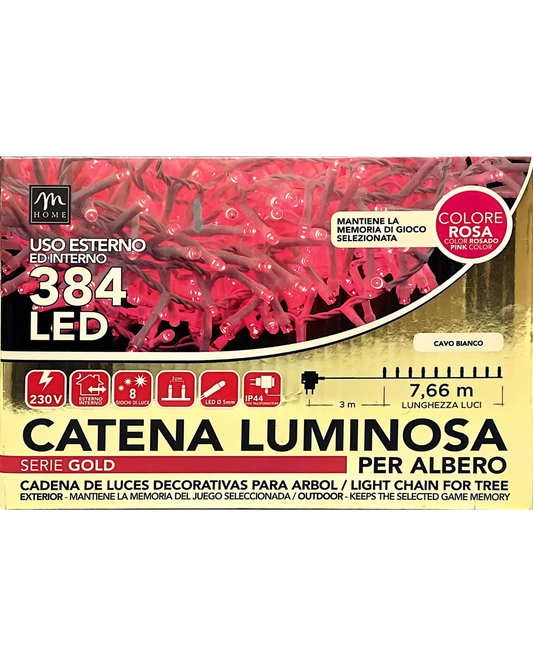 Catena Luminosa 384 LED Rosa con Cavo Bianco - Serie Gold per Albero