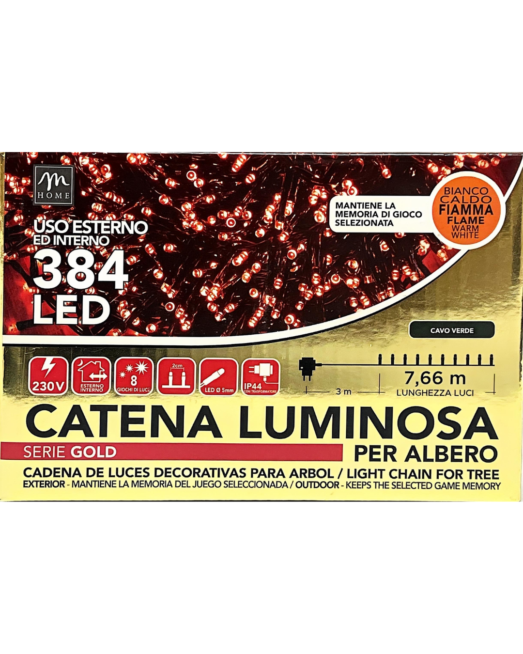 Catena Luminosa 384 LED Bianco Caldo Fiamma per Albero - Uso Interno ed Esterno