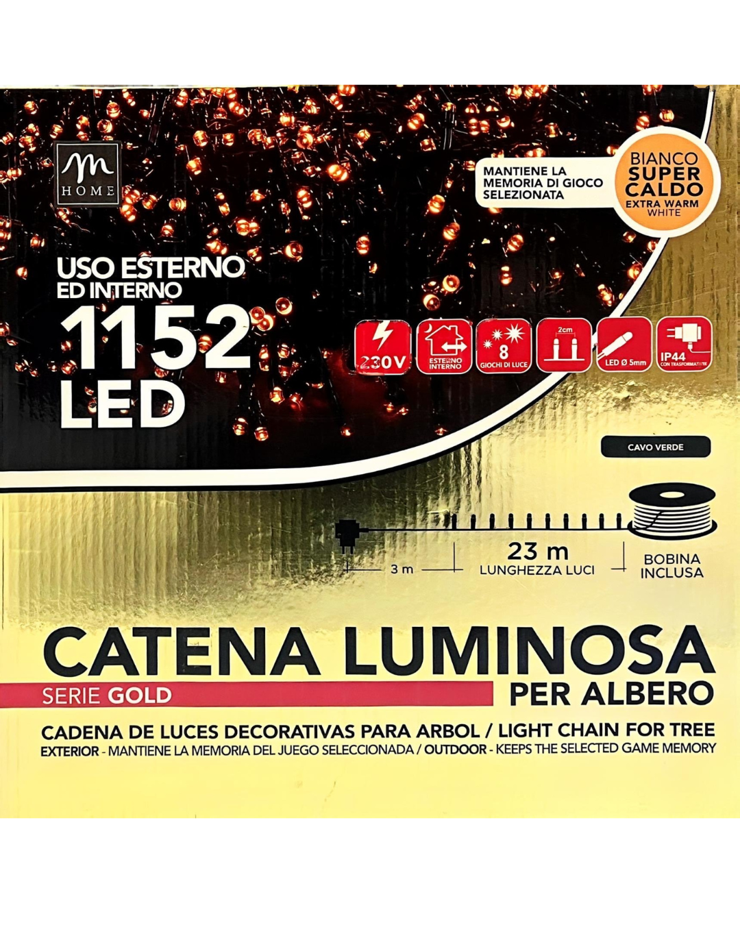 Catena Luminosa 1152 LED Bianco Super Caldo - Serie Gold (23m) con Cavo Verde