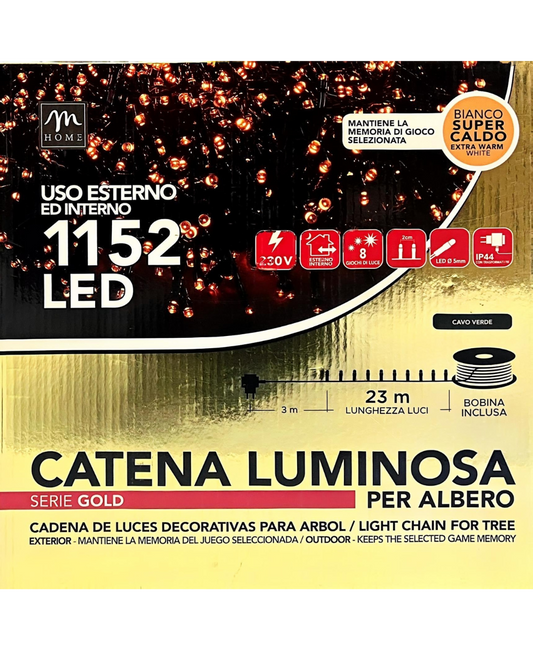 Catena Luminosa 1152 LED Bianco Super Caldo - Serie Gold (23m) con Cavo Verde